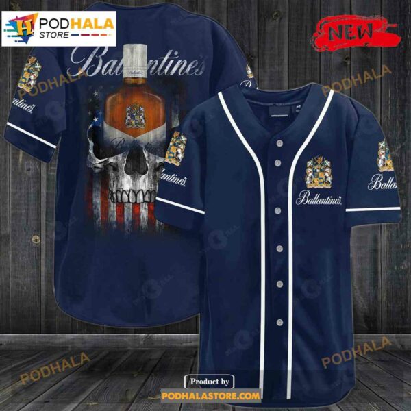 Ballantines Whiskey Usa Flag Skull All Over Print Navy Baseball Jersey