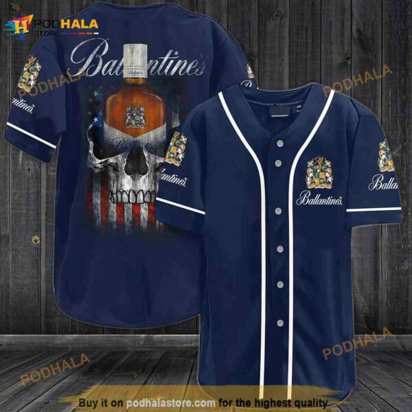 Ballantines Whiskey Usa Flag Skull Unisex 3D Baseball Jersey – Navy