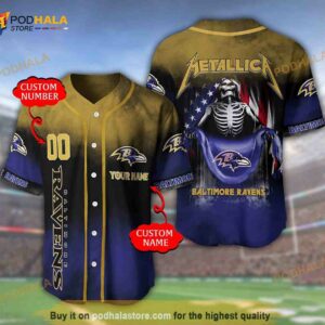 Baltimore Ravens Custom Name Number Metallica 3D Baseball Jersey