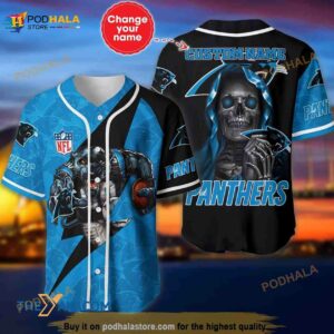 Carolina Panthers Skull Pattern Personalized Custom Name 3D Baseball Jersey Shirt