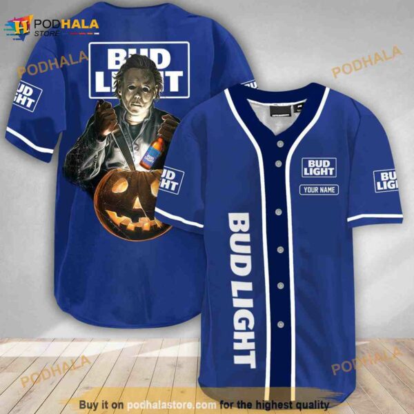 Custom Name Scary Michael Myers Pumpkin Bud Light 3D Baseball Jersey