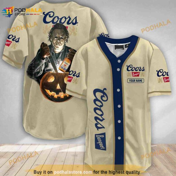 Custom Name Scary Michael Myers Pumpkin Coors Banquet 3D Baseball Jersey