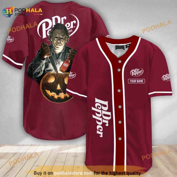 Custom Name Scary Michael Myers Pumpkin Dr Pepper 3D Baseball Jersey