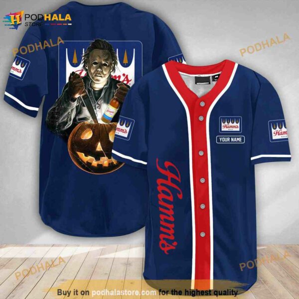 Custom Name Scary Michael Myers Pumpkin Hamm’s Beer 3D Baseball Jersey