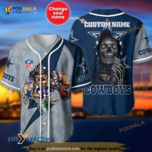 Dallas Cowboys Skull Pattern Personalized Custom Name 3D Baseball Jersey Shirt