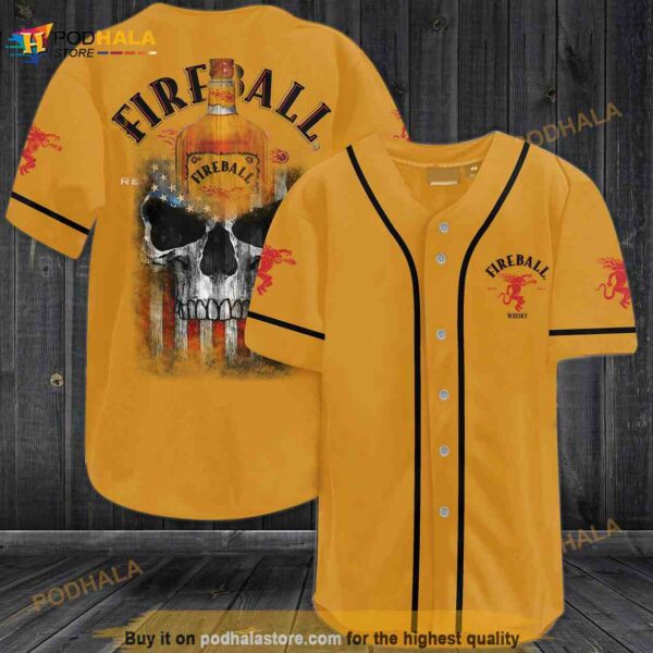 Fireball Cinnamon Whisky Skull Usa Flag Unisex 3D Baseball Jersey