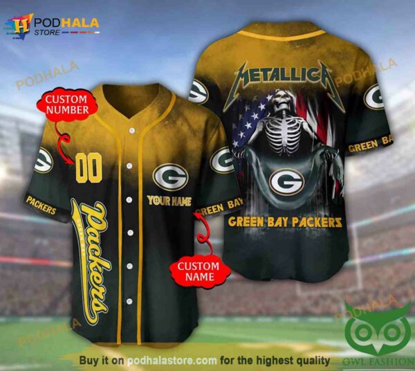 Green Bay Packers Custom Name Number Metallica 3D Baseball Jersey