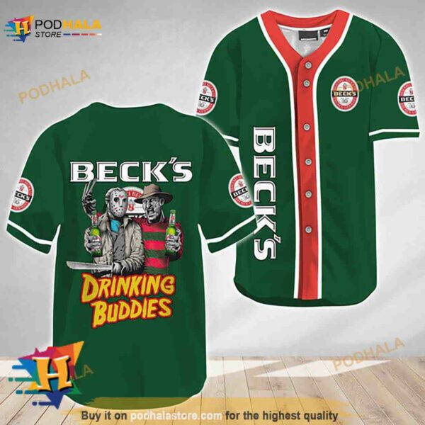 Horror Freddy Jason Drinking Buddies Beck’s Beer 3D Baseball Jersey