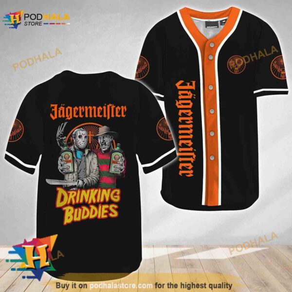 Horror Freddy and Jason Drinking Buddies Jagermeister 3D Baseball Jersey