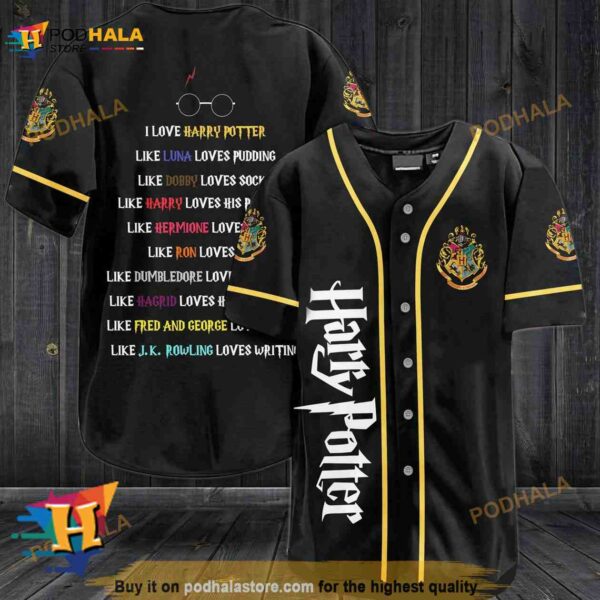 I Love Harry Potter Text Hogwarts All Over Print Unisex 3D Baseball Jersey