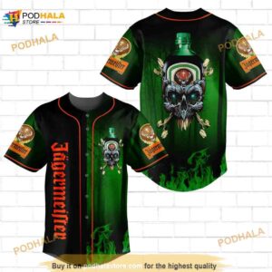 Jagermeister Skull Green Flame All Over Print Unisex 3D Baseball Jersey Green