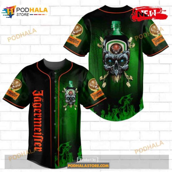 Jagermeister Skull Green Flame All Over Print Unisex Green Baseball Jersey