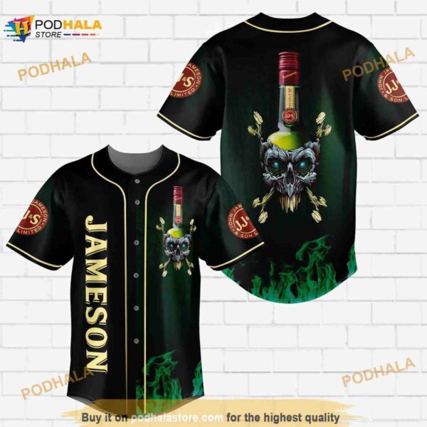 Jameson Irish Whiskey Flowery Skull All Over Print Unisex 3D Baseball Jersey – Ombre Black Green