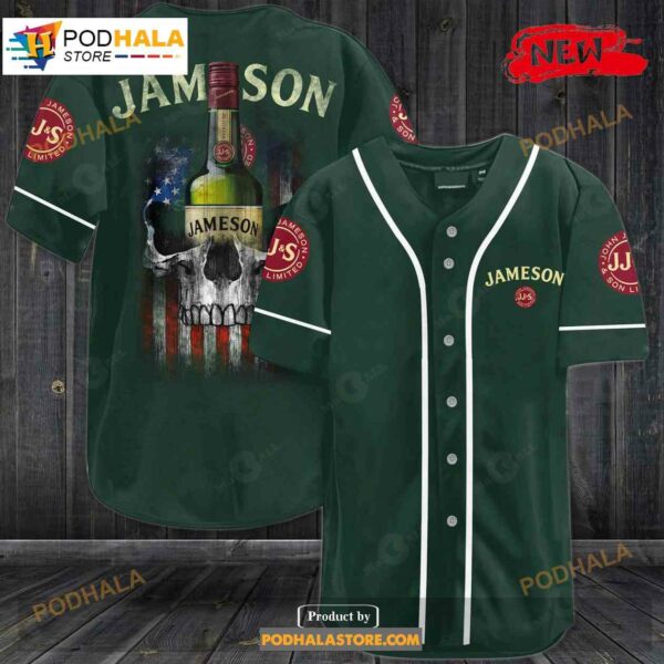 Jameson Irish Whiskey Usa Flag Skull All Over Print 3d Dark Green Baseball Jersey