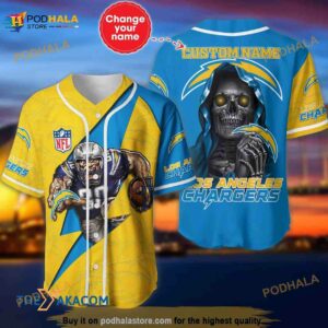 Los Angeles Chargers Skull Pattern Personalized Custom Name 3D Baseball Jersey Shirt