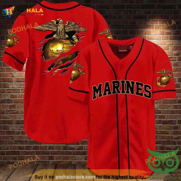 Marine Veteran Red 3D Baseball Jersey Shirt