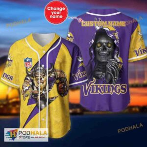 Minnesota Vikings Skull Pattern Name 3D Baseball Jersey Shirt