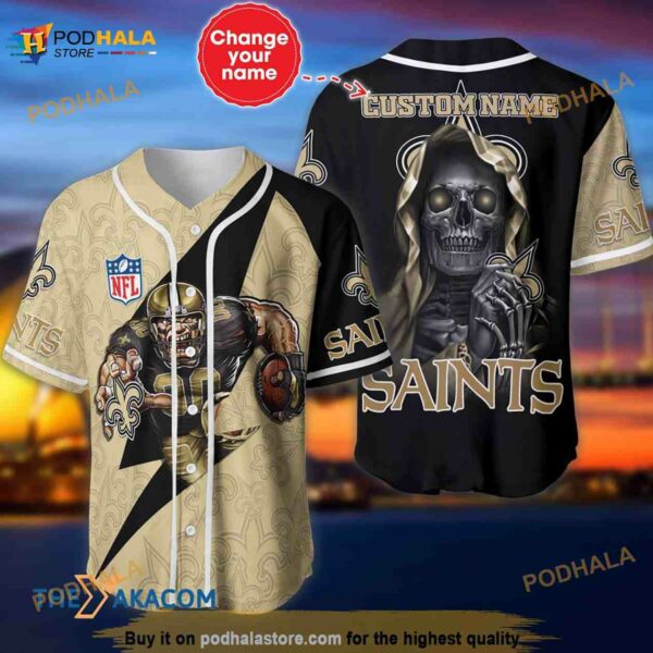 New Orleans Saints Skull Pattern Personalized Custom Name 3D Baseball Jersey Shirt