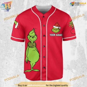 Personalize The Grinch Red And White Xmas Baseball Jersey