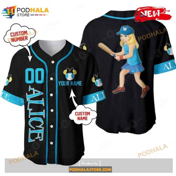 Personalized Alice In Wonderland Disney All Over Print Black Design Baseball Jersey