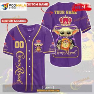 Personalized Baby Yoda Holding Crown Royal All Over Print 3d Purple Unisex Baseball Jersey