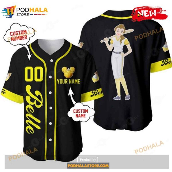 Personalized Belle Beauty The Beast Disney Princess All Over Print Black Design Baseball Jersey