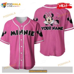 Personalized Chilling Minnie Mouse Disney All Over Print Pink Design Baseball Jersey