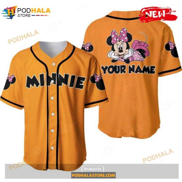 Personalized Chilling Minnie Mouse Disney Orange Design All Over Print Baseball Jersey