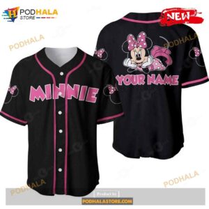 Personalized Chilling Pink Minnie Mouse Disney All Over Black Print Baseball Jersey