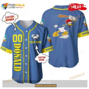 Personalized Donald Duck Disney Playing Baseball All Over Print Blue Design Baseball Jersey