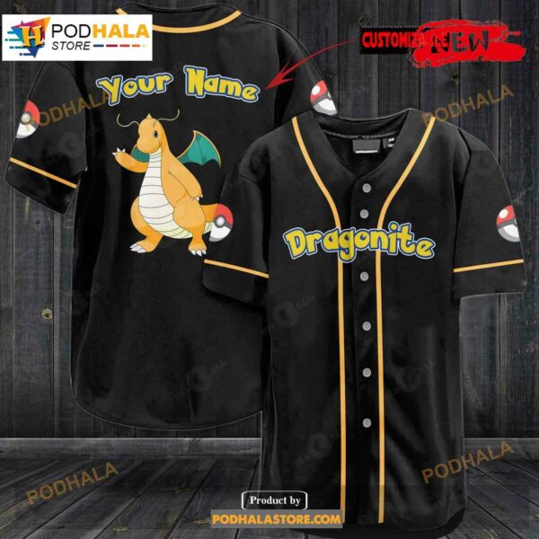 Personalized Dragonite Pokemon Black Baseball Jersey