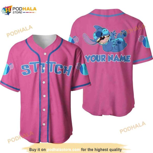 Personalized Happy Stitch Disney All Over Print 3D Baseball Jersey – Pink