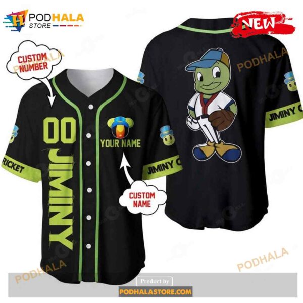 Personalized Jiminy Cricket Disney All Over Print Black Baseball Jersey