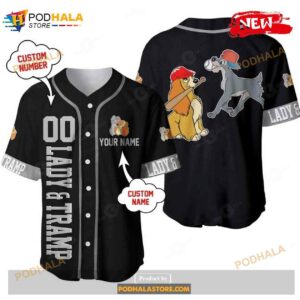 Personalized Lady And The Tramp Dogs Disney Playing Baseball All Over Print Black Baseball Jersey