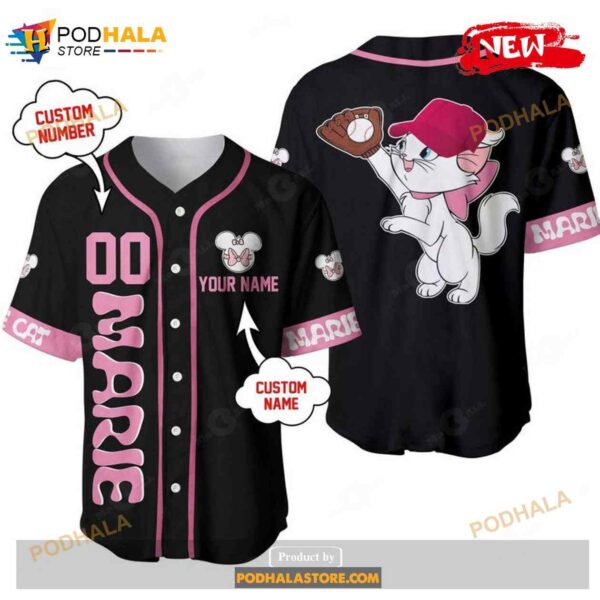 Personalized Marie Cat Playing Baseball All Over Print Black Baseball Jersey