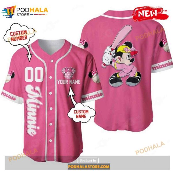 Personalized Minnie Mouse Playing Baseball All Over Print Pink Baseball Jersey