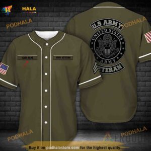 Personalized Moss Green Us Army Veteran 3D Baseball Jersey