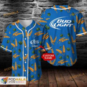 Personalized Name Bud Light Beer Wheat Pattern Unisex 3D Baseball Jersey