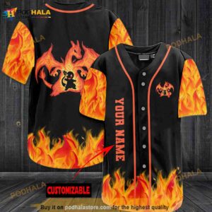 Personalized Name Charizard Fire Pokemon 3D Baseball Jersey