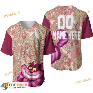 Personalized Name Cheshire Cat Disney Flowery Pattern Baseball Jersey