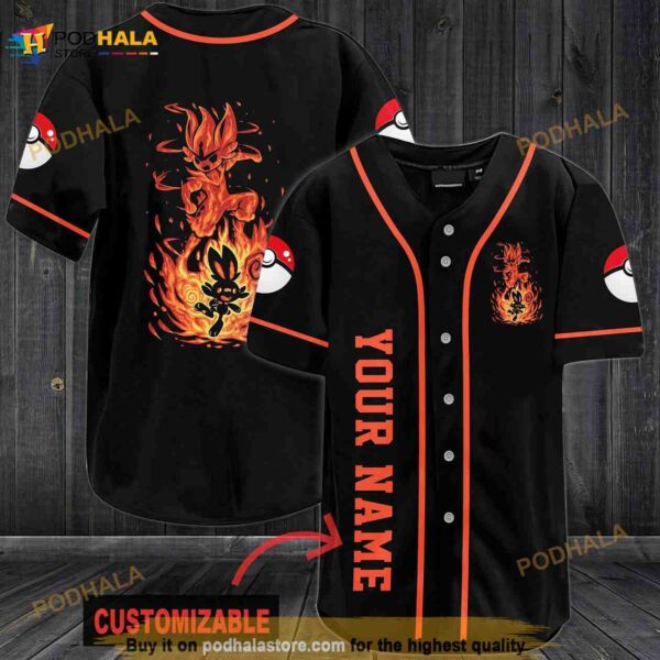 Personalized Name Fire Pokemon 3D Baseball Jersey