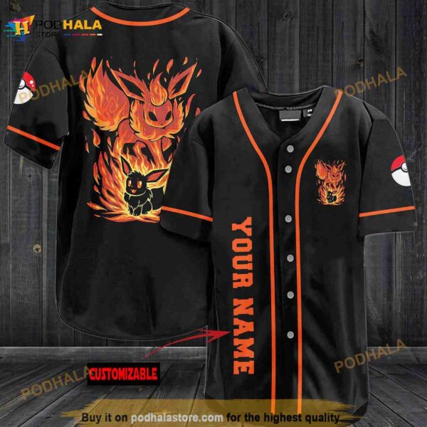 Personalized Name Flareon Eevee Pokemon 3D Baseball Jersey