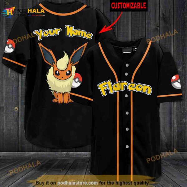 Personalized Name Flareon Pokemon 3D Baseball Jersey