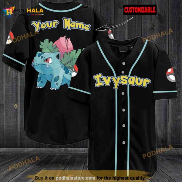 Personalized Name Ivysaur Pokemon 3D Baseball Jersey