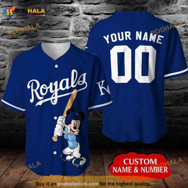 Personalized Name Kansas City Royals Mickey Mouse Disney Unisex 3D Baseball Jersey