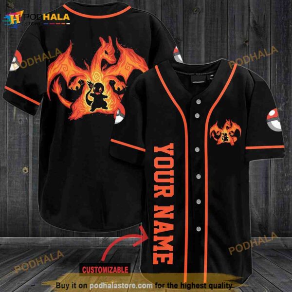 Personalized Name Lizardon Pokemon 3D Baseball Jersey