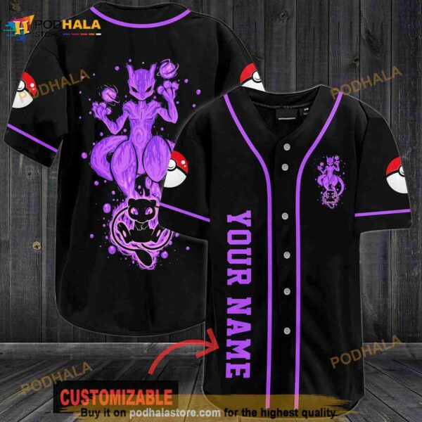 Personalized Name Purple Mewtwo Pokemon 3D Baseball Jersey