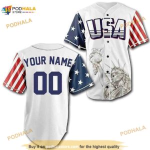 Personalized Name Usa American Flag Statue Of Liberty Unisex 3D Baseball Jersey