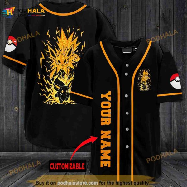 Personalized Name Yellow Eevee Pokemon 3D Baseball Jersey