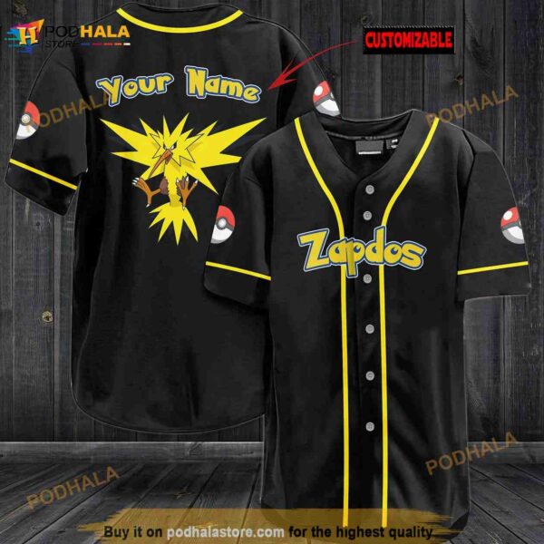 Personalized Name Zapdos Pokemon 3D Baseball Jersey